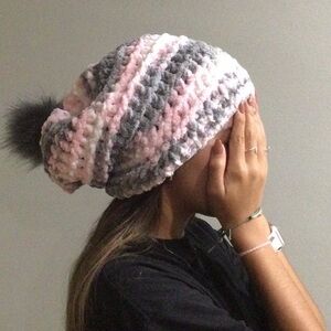 Handmade Chic Striped slouchy Beanie with Pom Pom